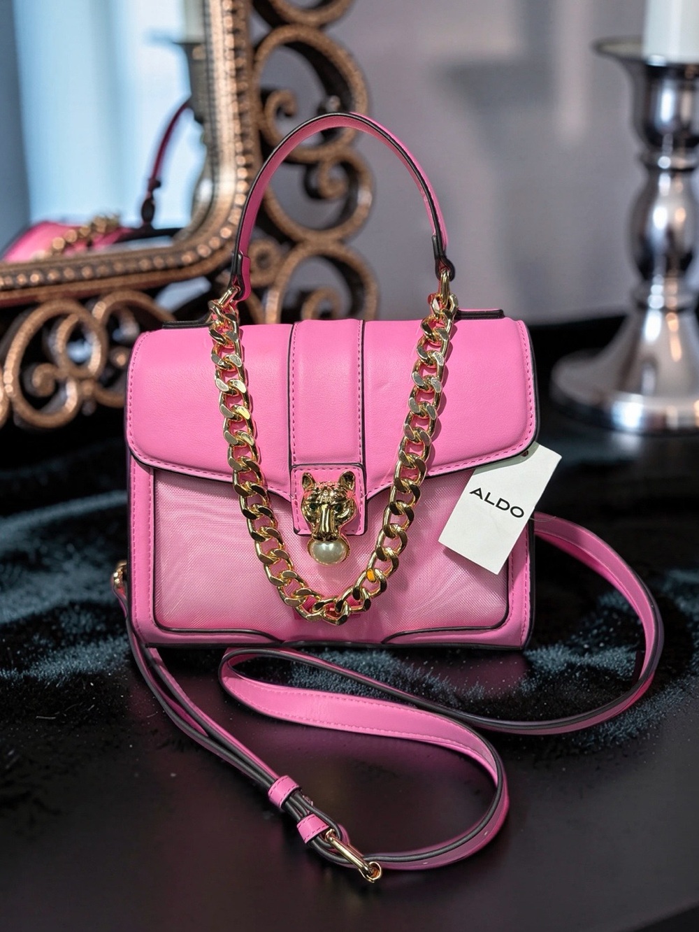 ALDO NWT Stunning Pink Chain-Accent Top Handle Concert See Through Bag ( P261)